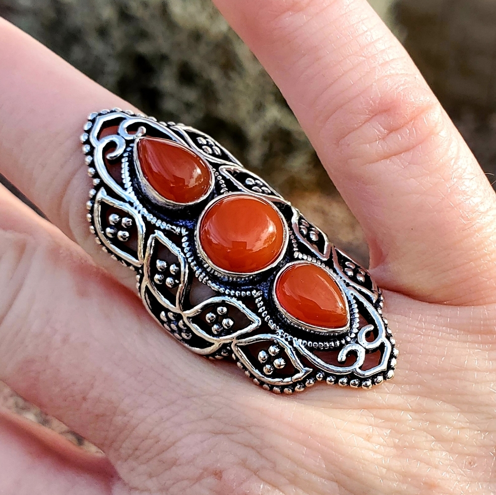 New Unique Carnelian 925 Silver Statement Ring.
